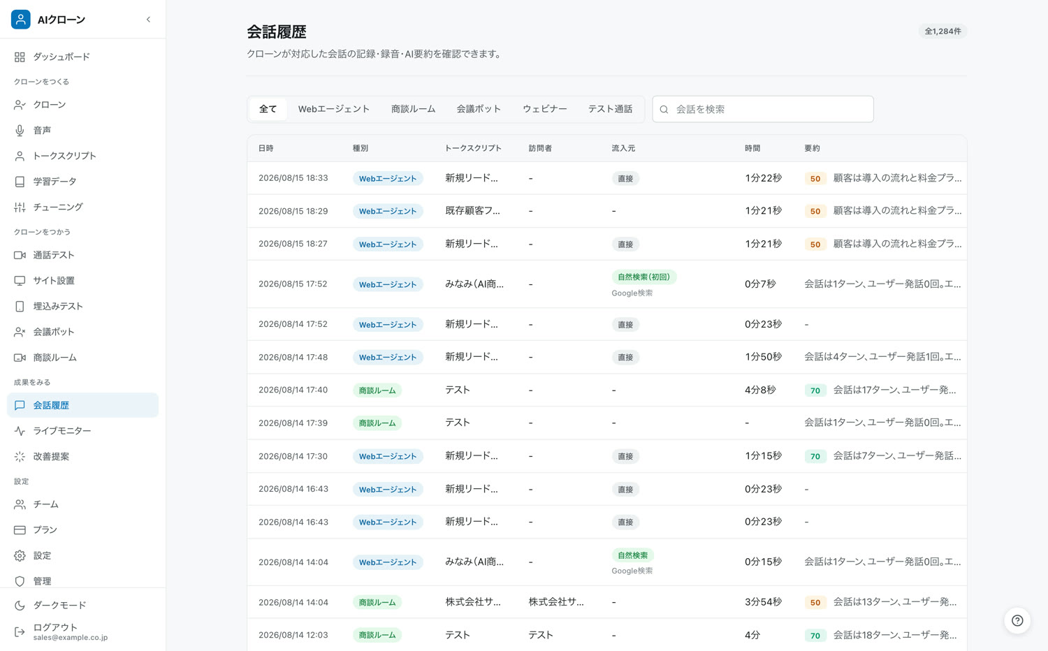 会話履歴の管理画面。日時・種別・流入元・時間・要約が一覧表示されている